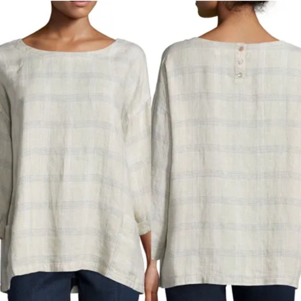 Eileen Fisher 3/4-Sleeve Catalan Linen Plaid Top, size SP - Picture 1 of 8